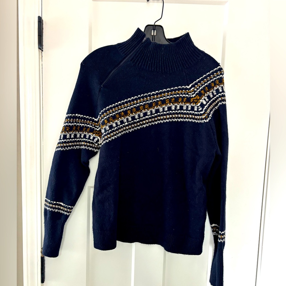Cabi Navy Aspen Sweater with Asymmetrical Pattern